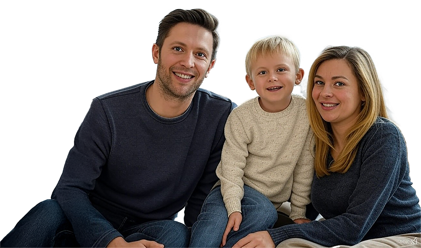 Familia feliz en el salón de su nuevo hogar, sonriendo y disfrutando de un ambiente moderno y acogedor con luz natural.